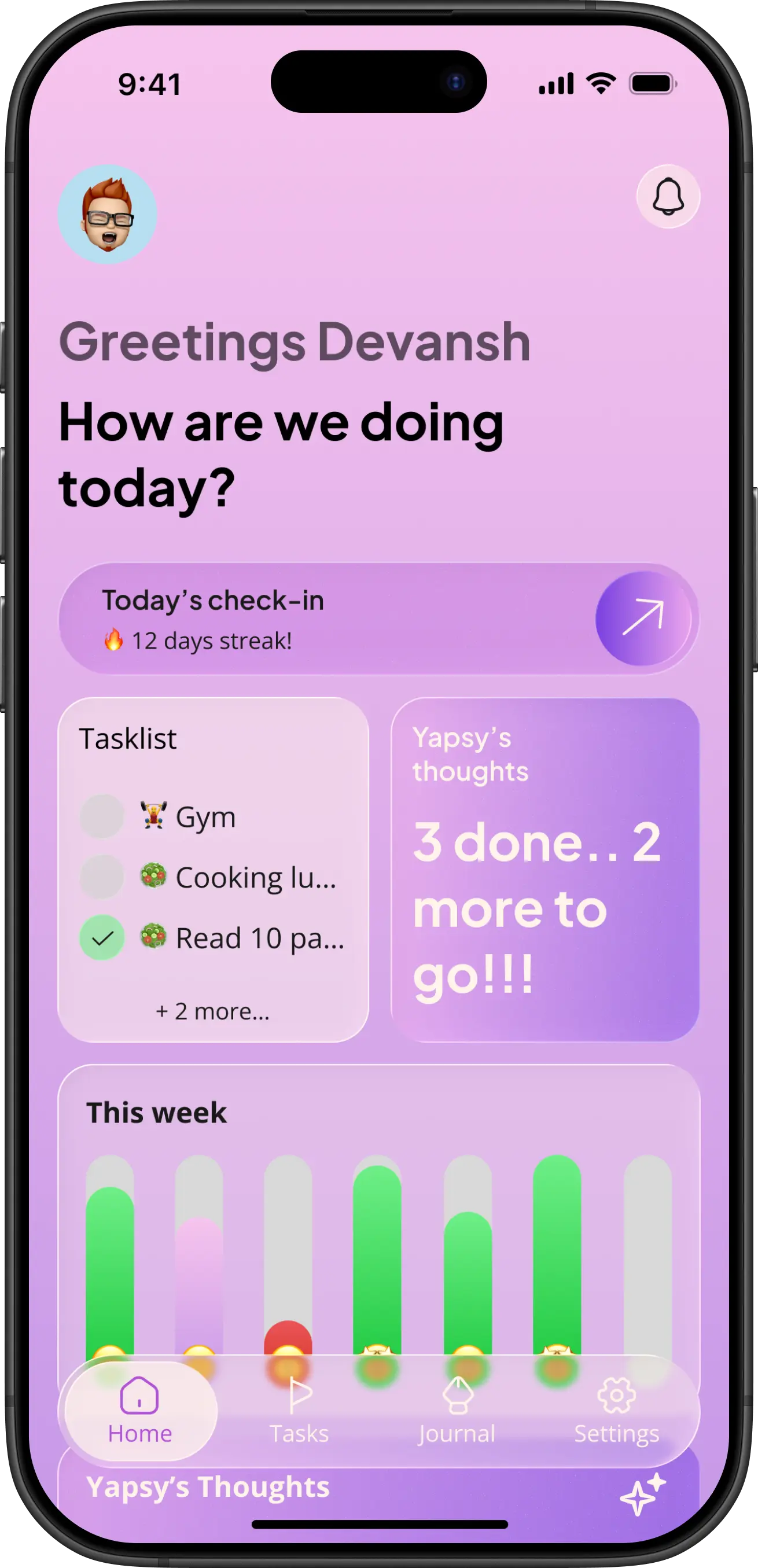 Yapsy app dashboard showing mood tracking, tasks, and daily streaks